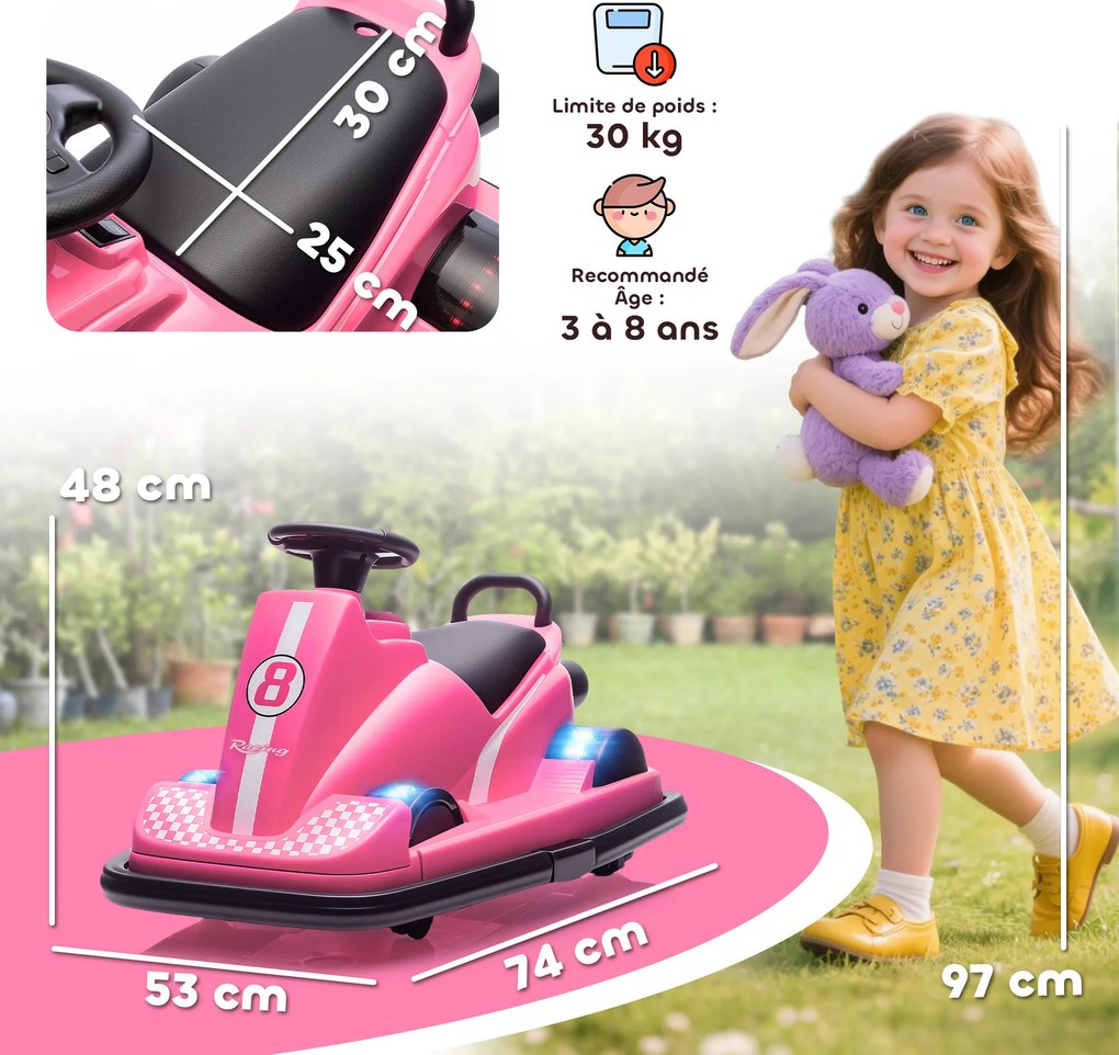 Carro de choque infantil de 6 V, rotação de 360°, música, buzina, arranque suave, 2,5 km/h, para crianças dos 2 aos 4 anos, 74 x 53 x 48 cm, rosa