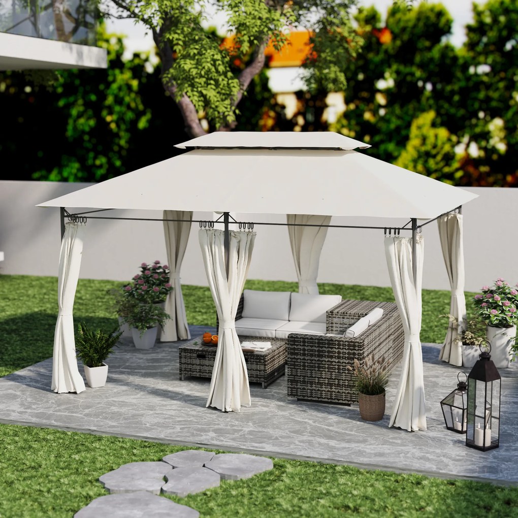 Pérgola de Jardim 397x297x265 cm Pérgola de Exterior com Teto Duplo Paredes Laterais Resistente a Água Creme