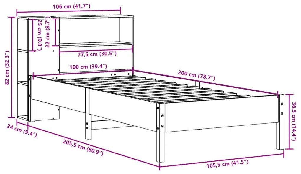 Cama com estante sem colchão 100x200 cm pinho maciço branco