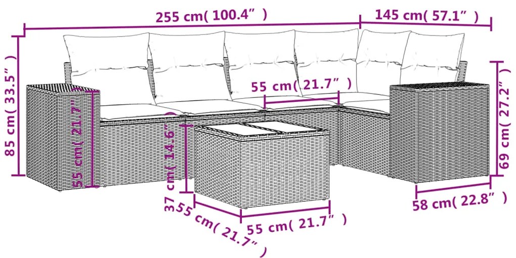 6 pcs conjunto de sofás p/ jardim com almofadões vime PE bege