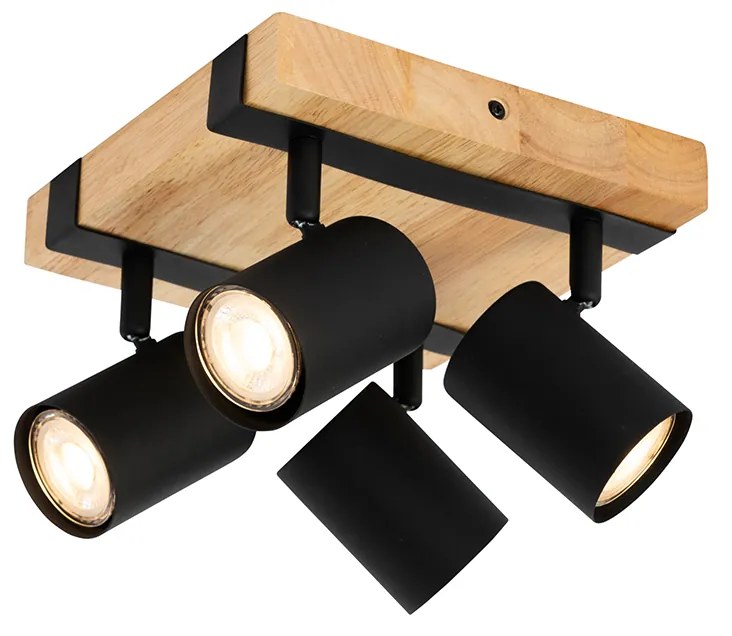 Candeeiro de teto preto com madeira 4 luzes ajustável retangular - Jeana Moderno,Industrial