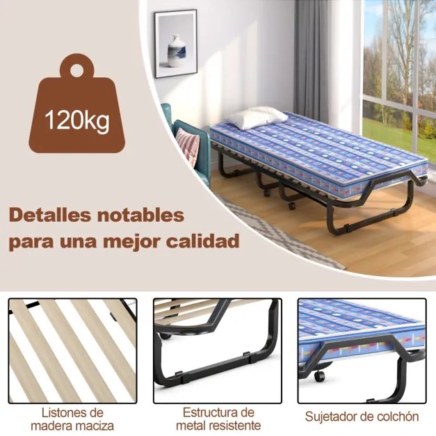 Cama dobrável com colchão de espuma viscoelástica, estrutura de metal  200 x 80 x 40 cm, azul