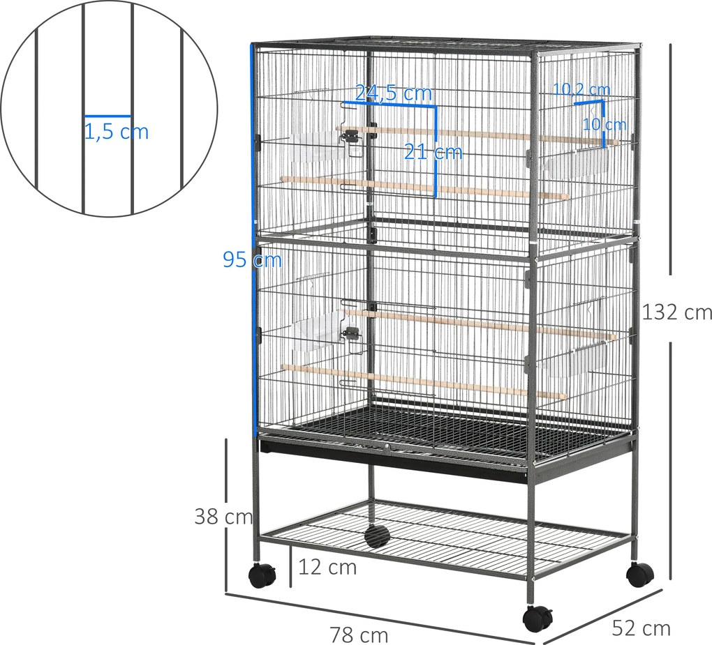 Gaiola para Aves com Suporte, 78 x 52 x 132 cm, 4 Poleiros em Madeira, Cinzento-escuro