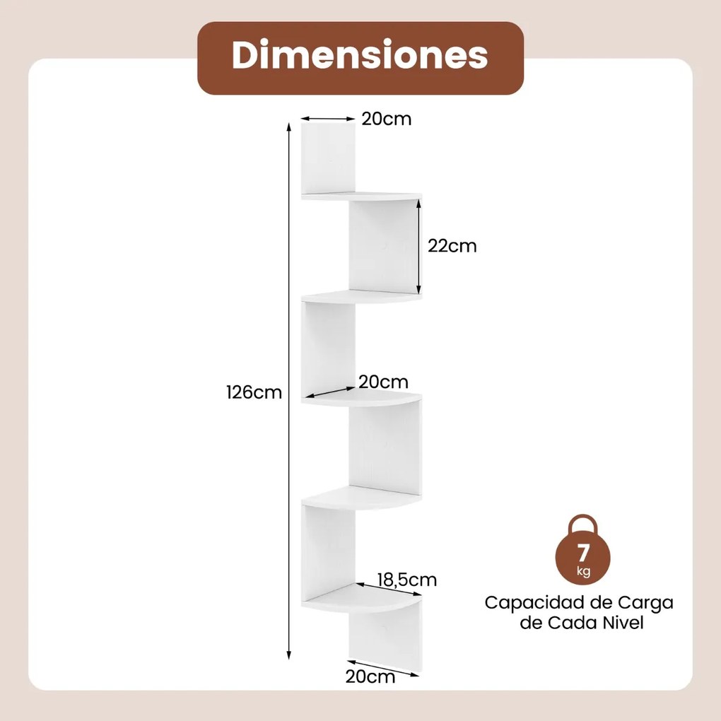 Estante de canto 20 x 20 x 126 cm de 5 níveis Organizador de armazenamento montado na parede para sala, quarto e cozinha Branco