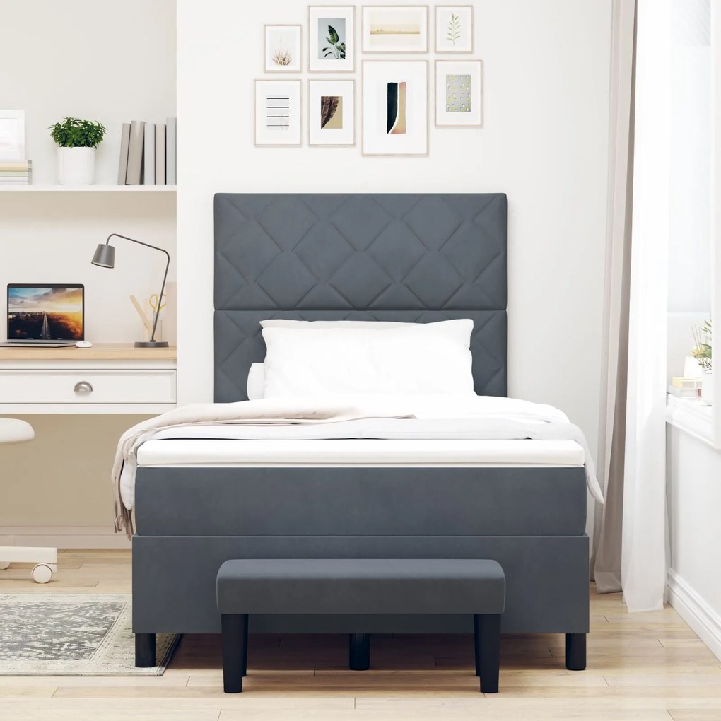 Cama Box com Colchão e Banco Cinza Escuro 120x200 cm Veludo