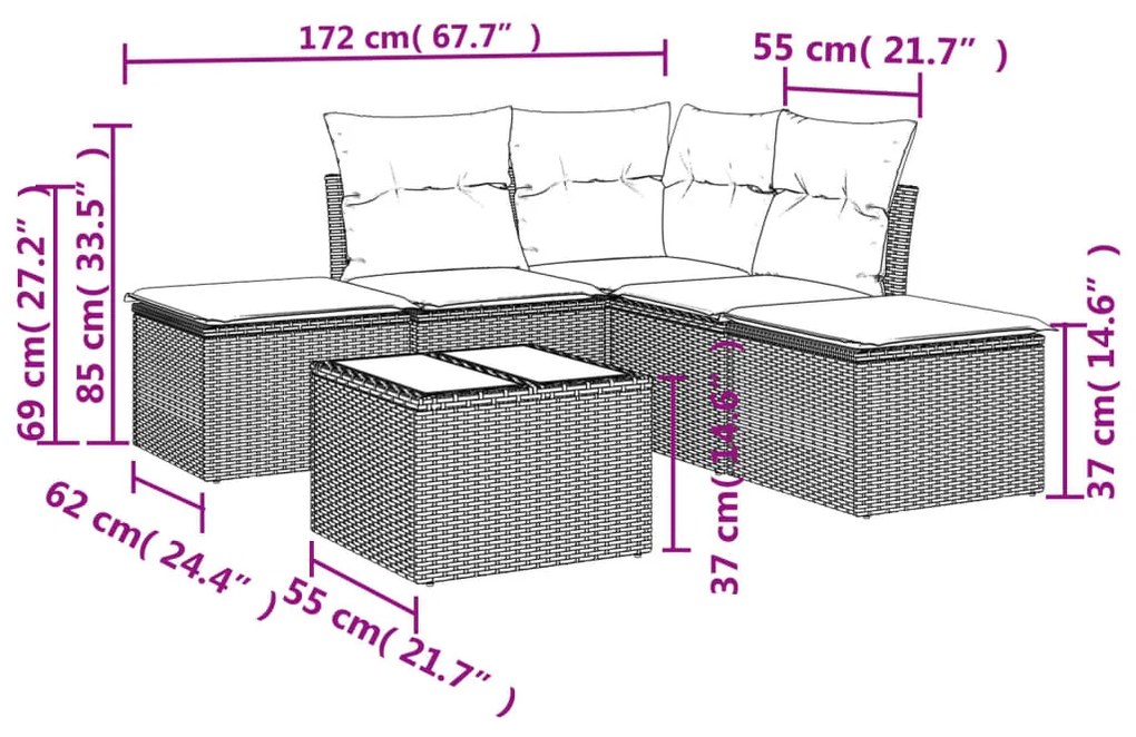 6 pcs conjunto de sofás jardim c/ almofadões vime PE castanho