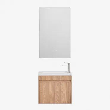 Conjunto De Móvel De Casa De Banho Suspenso Em Madeira Com Lavatório Integrado Narek Castanho Fresno & Retangular Led E Anti-embaciamento 55x90 Cm Rib