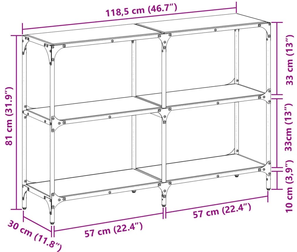 Mesa consola com tampo em vidro transparente 118,5x30x81 cm aço
