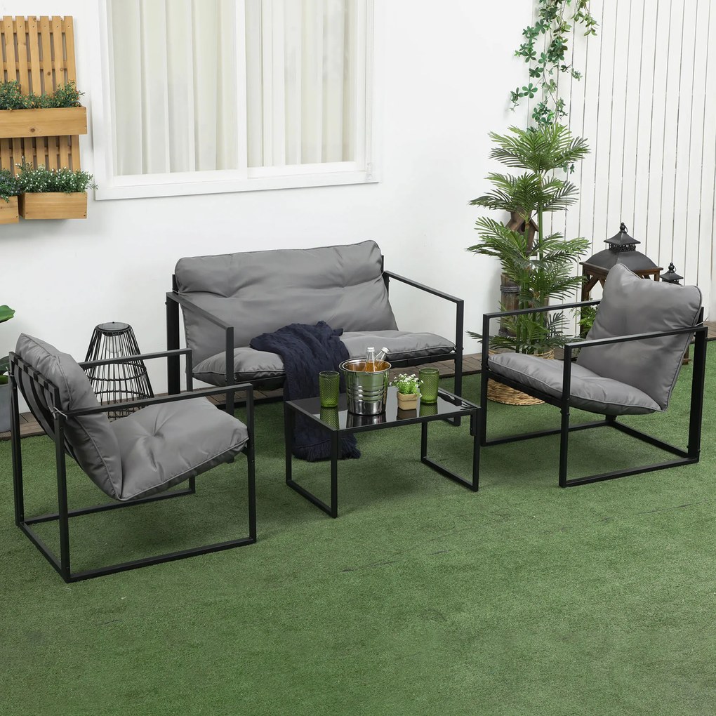 Conjunto de jardim de 4 peças para 4 pessoas, com sofá de 2 lugares, 2 poltronas e 1 mesa de centro cinzenta