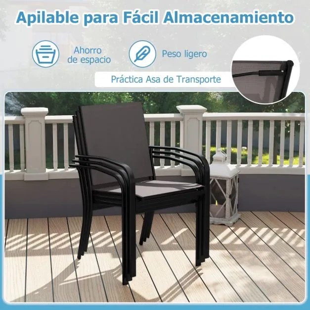 Conjunto de 4 cadeiras de exterior empilháveis com encosto alto (MESA NÃO INCLUIDA), assento largo e braços para exterior 61 x 57,5 x 89 cm cinza