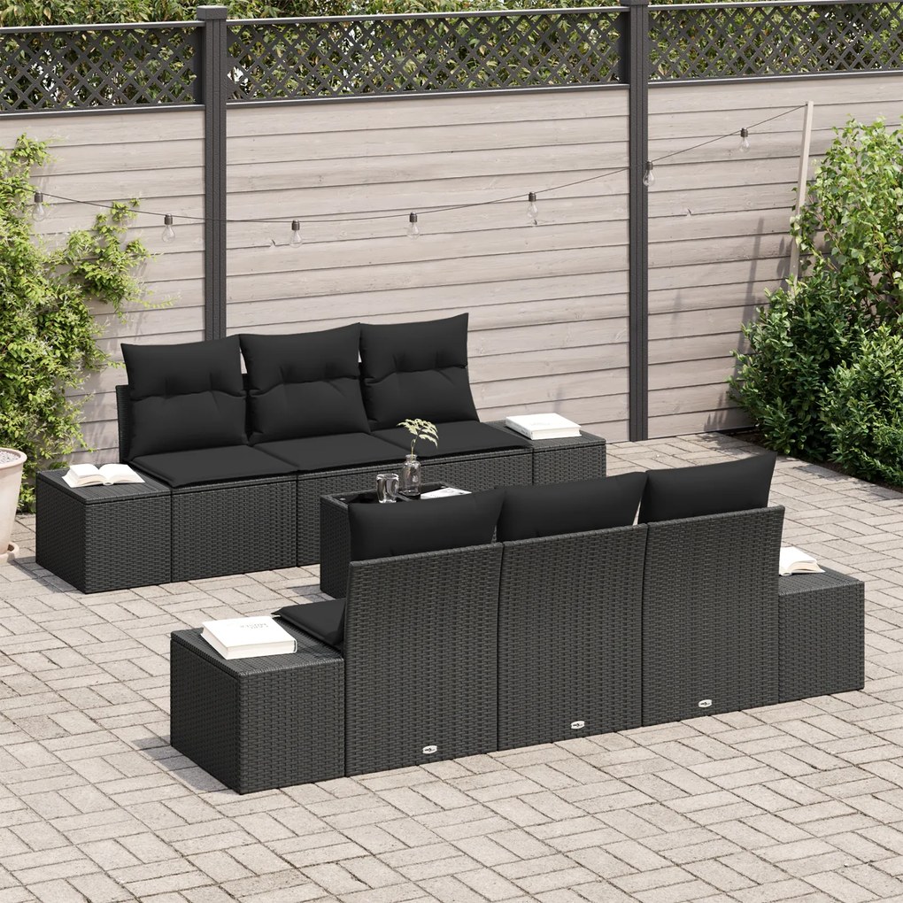 Conjunto de Sofá de Jardim de 7 Peças com Almofadas Preto em Rattan Si