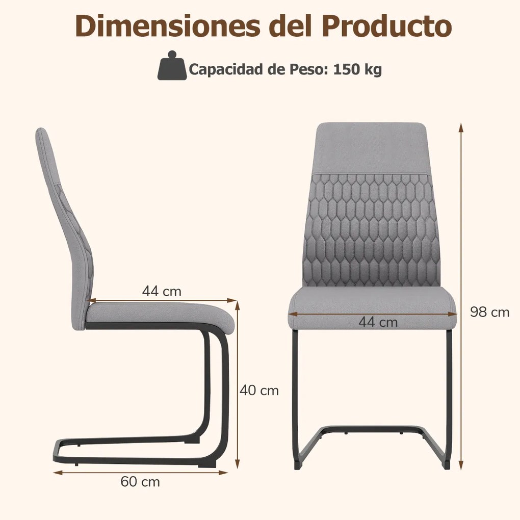 Conjunto de 4 cadeiras de jantar (MESA NÃO INCLUIDA) modernas com encosto alto inclinável, base metálica em forma de U, assento e encosto acolchoados