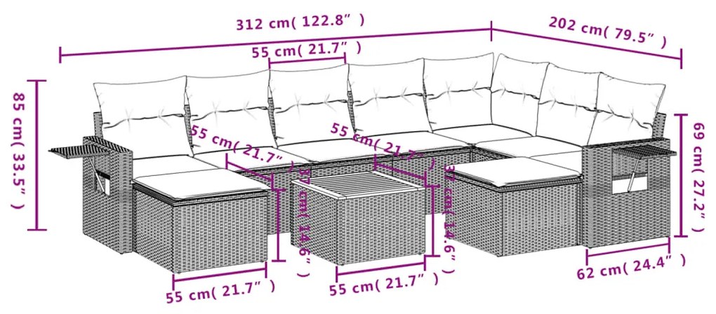 10 pcs conjunto de sofás p/ jardim com almofadões vime PE bege