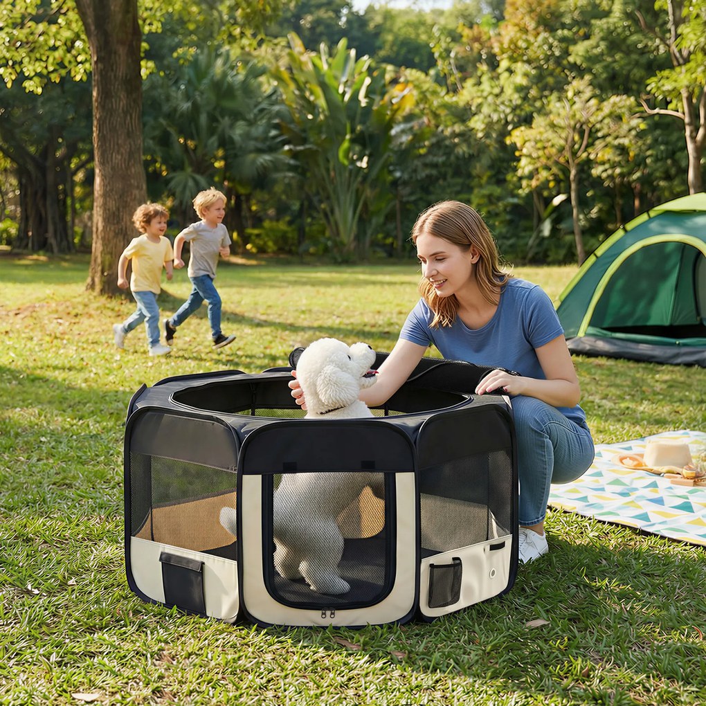 Parque Dobrável para Cães e Gatos Cercado Portátil para Animais Pequenos em Tecido Oxford Impermeável com 2 Portas Ø90x41 cm Preto