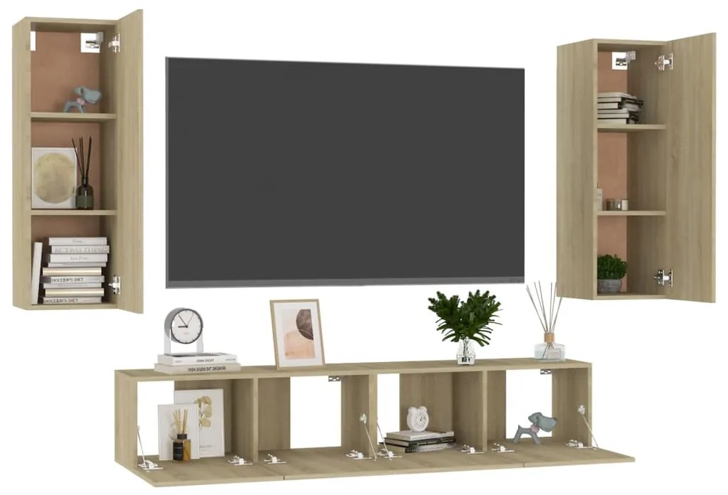 4pcs conjunto móveis de TV derivados de madeira carvalho sonoma
