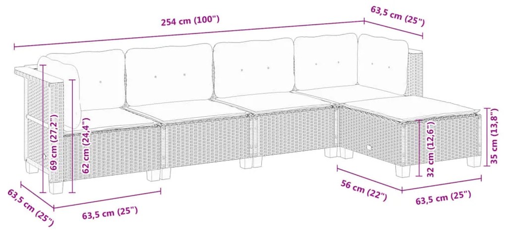 5 pcs conjunto sofás de jardim c/ almofadões vime PE cinzento