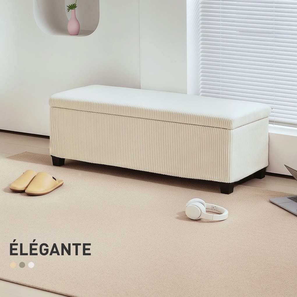 Banco de arrumação para colocar ao pé da cama em veludo canelado com tampa 112 x 42 x 40 cm, para sala de estar, quarto, hall de entrada, bege