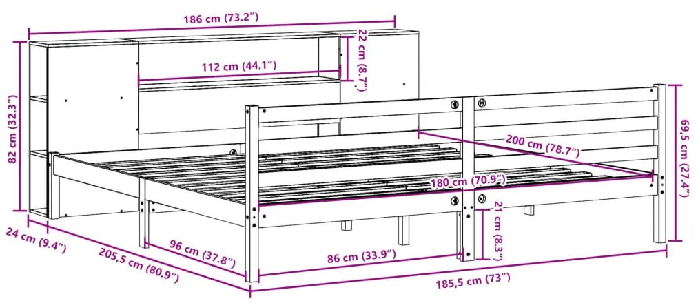 Cama com estante sem colchão 180x200 cm pinho maciço