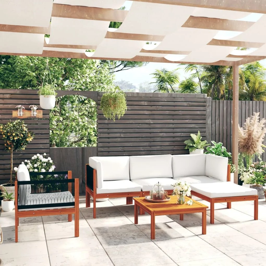 vidaXL Conjunto de lounge de jardim vidaXL com 6 peças e almofadas em madeira de acácia creme e corda