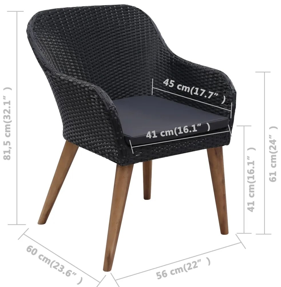 7 pcs conjunto jantar exterior com almofadões vime PE preto