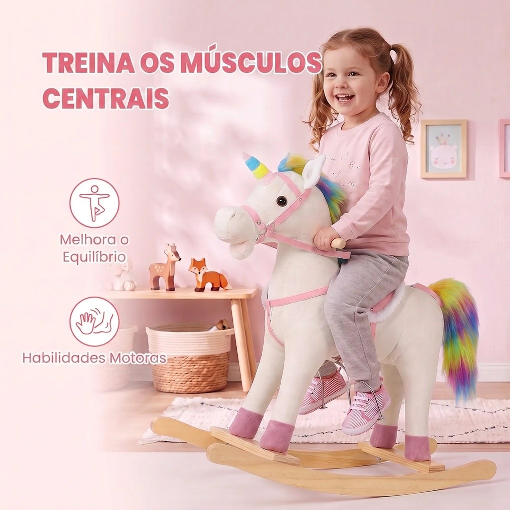 Cavalinho de Baloiço Unicórnio com Som e Base de Madeira para Crianças 1-3 Anos Creme