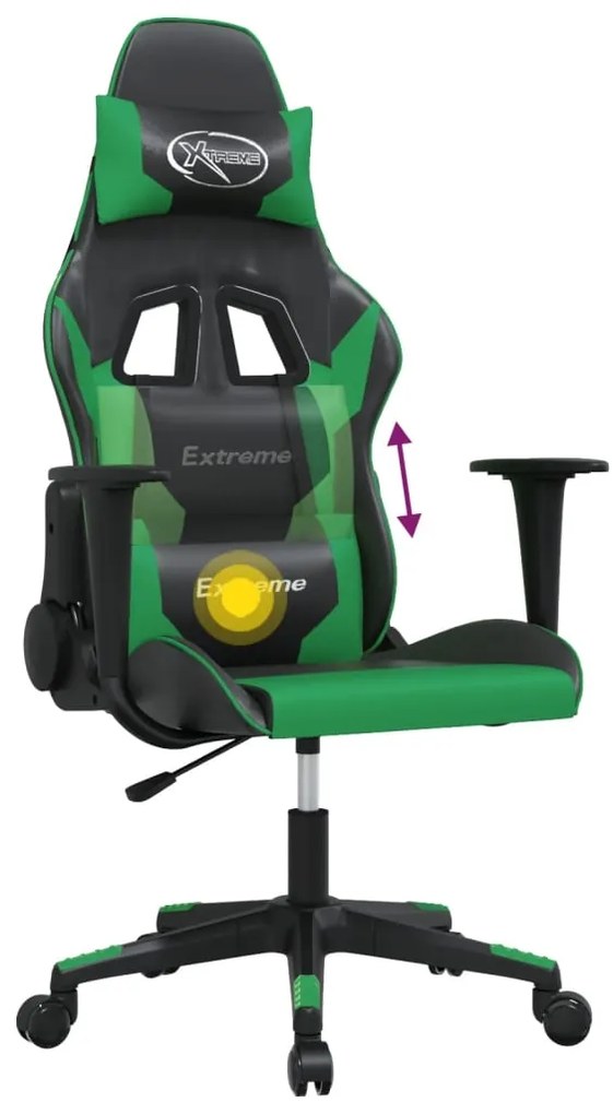 Cadeira gaming massagens couro artificial preto e verde