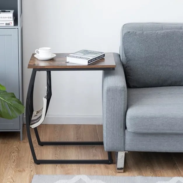 Mesa apoio em forma de C com bolso lateral em estilo industrial para sofá e cama de sala de estar 52 x 35,5 x 59,5 cm Castanho