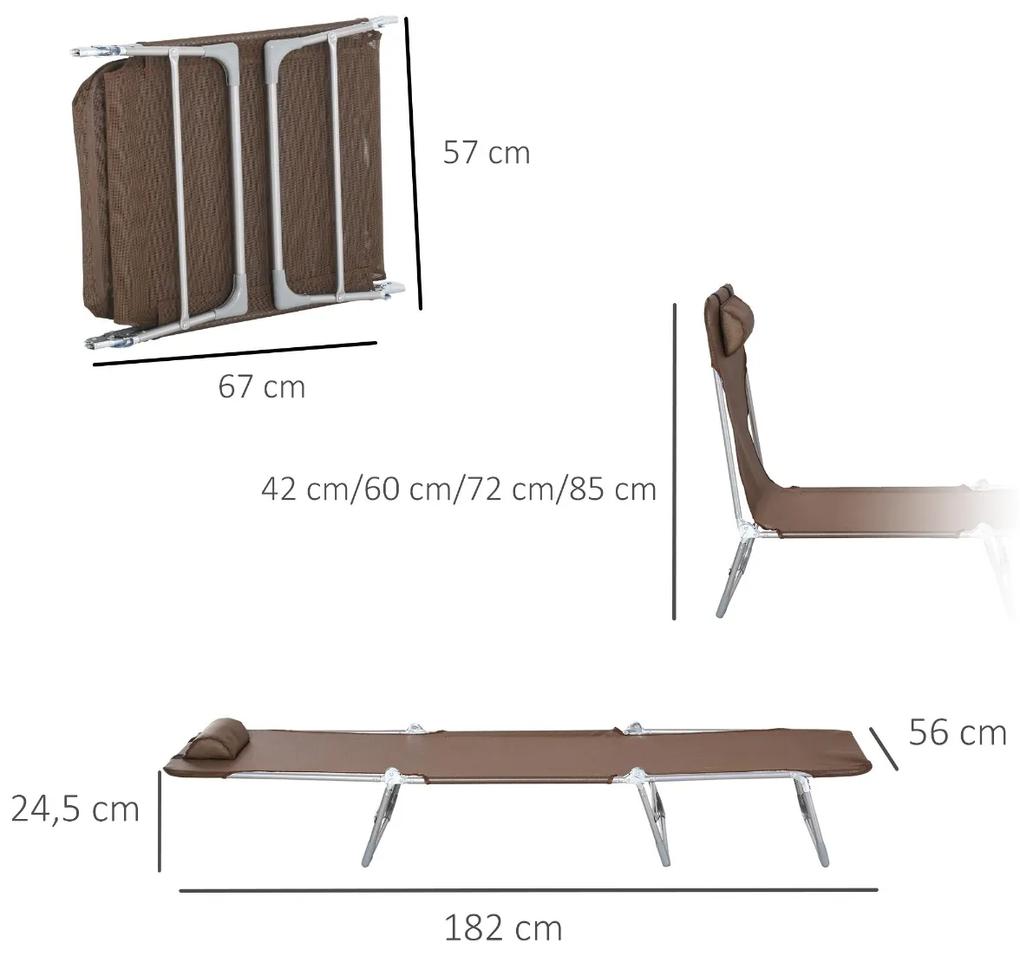 Espreguiçadeira dobrável e reclinável de jardim com apoio de cabeça e encosto ajustável em 5 níveis Tecido textilene respirável 182x56x24,5 cm marrom