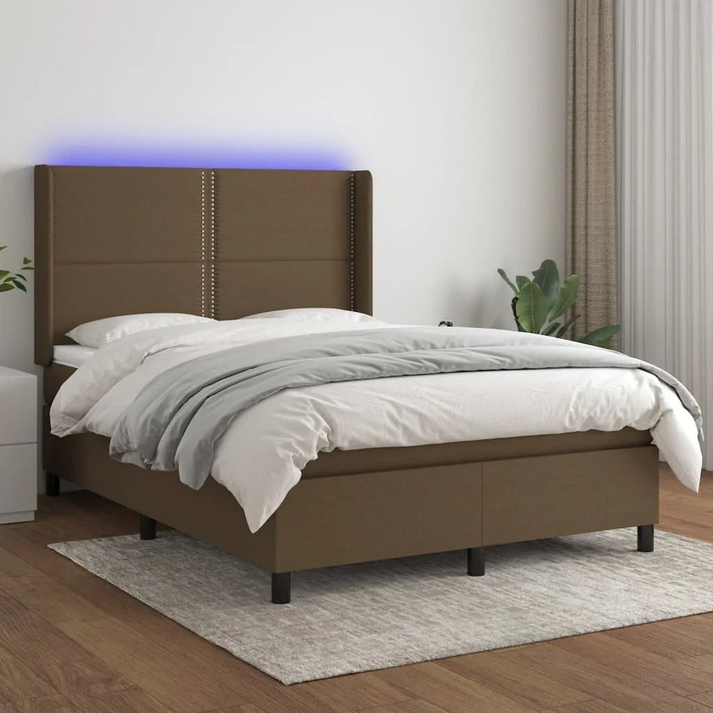 3138232 vidaXL Cama box spring c/ colchão/LED 140x190cm tecido castanho-escuro