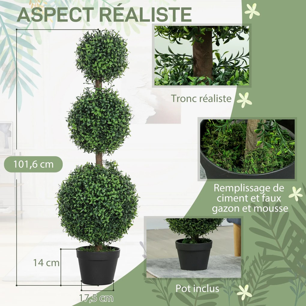 Conjunto de 2 árvores artificiais de 101,6 cm com 3 bolas de buxo topiárias, planta artificial verde em PE, com vaso interior e exterior