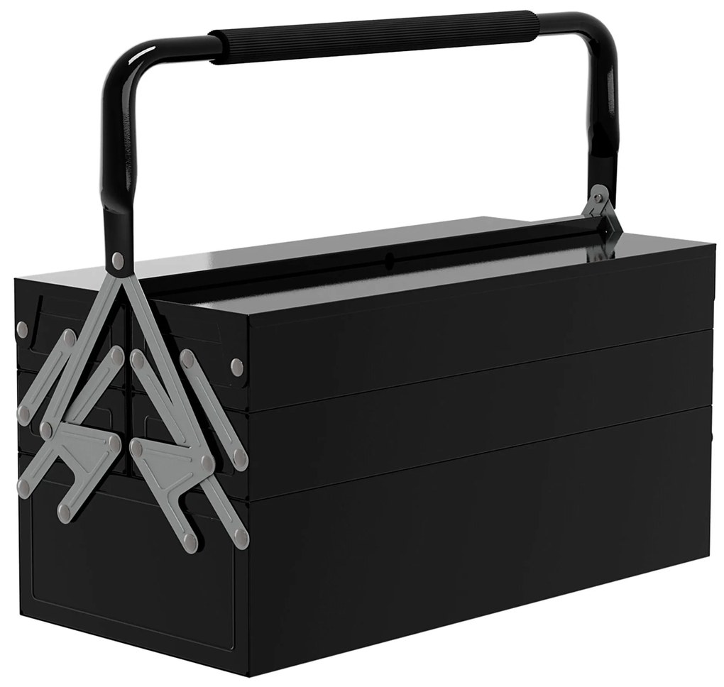 DURHAND Caixa de Ferramentas de Aço Dobrável com 5 Compartimentos Mala de Ferramentas com Pega para Oficina e Casa 45x20x34,5 cm Preto