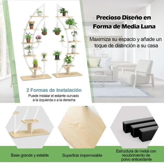 Conjunto de 2 Estantes Metálicas para Plantas 7 Níveis em Forma de Crescente Curvo com Gancho para Varanda 60x30x155 cm Brancas