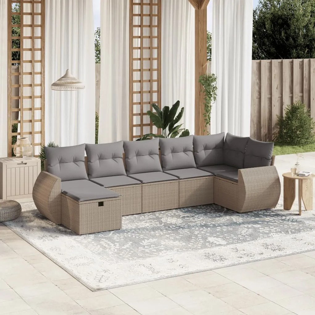 7 pcs conj. sofás jardim c/ almofadões vime PE bege misturado