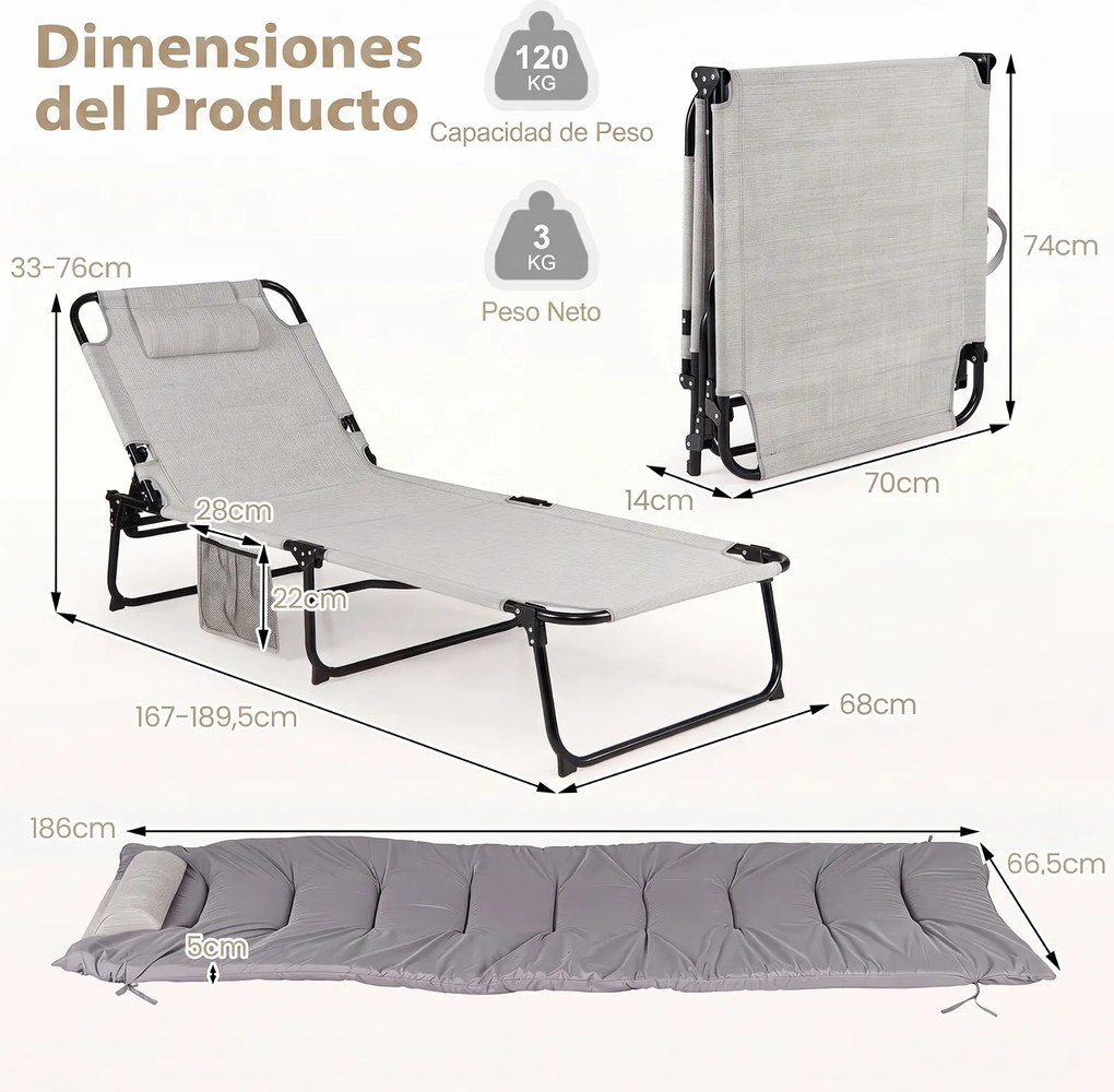 Espreguiçadeira de Exterior Dobrável, 186 x 68 x 33-76 cm, Encosto Ajustável em 4 Posições, Cinzento