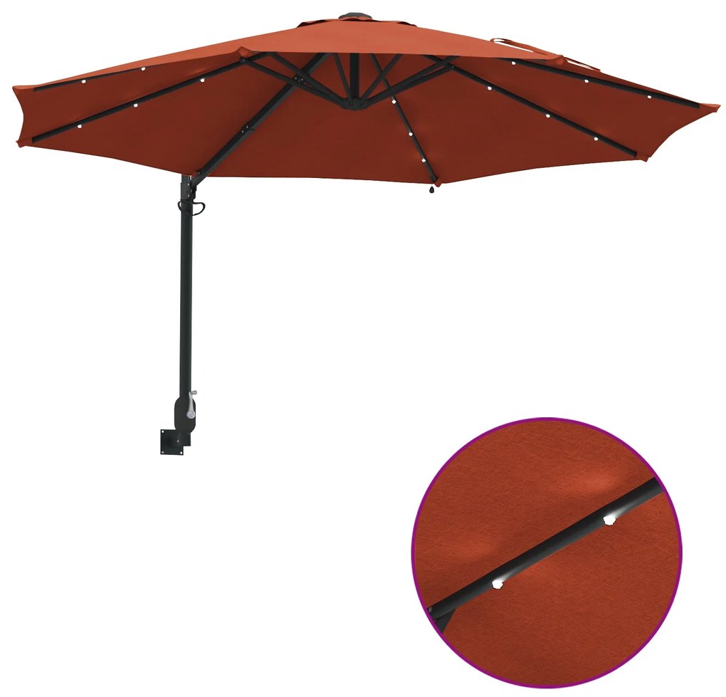 Guarda-sol de Jardim Montado na Parede com LEDs Terracota 248 cm