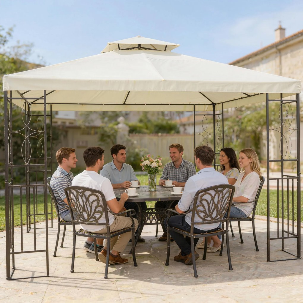 Pérgola de Jardim 4x3 m com Telhado Duplo Estrutura de Aço Anti-UV para Exterior Terraço Pátio Branco Creme