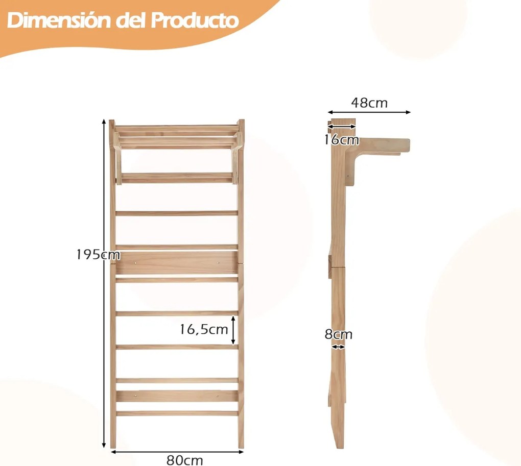 Escada de ginástica e fisioterapia de parede 80 cm x 48 cm x 195 cm com 10 barras fixas de madeira maciça. Carga máxima: 100 kg. Natural.