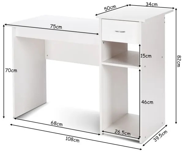 Secretária de computador com Gaveta e estante 108 x 50 x 82 cm Branco