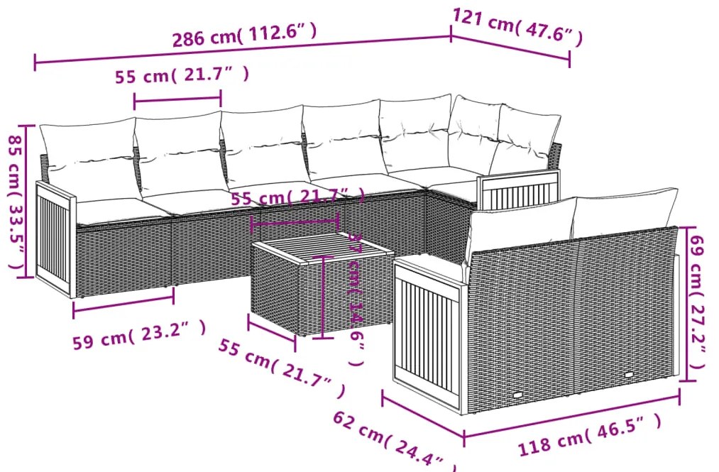 9 pcs conjunto de sofás p/ jardim c/ almofadões vime PE preto