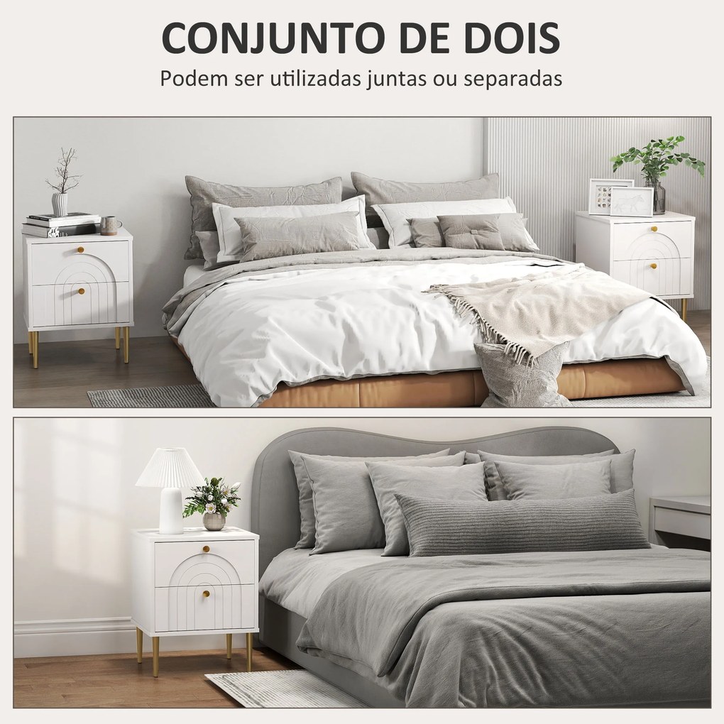 Conjunto de 2 Mesas de Cabeceira com 2 Gavetas e Pés de Aço Estilo Moderno 40x35x50 cm Branco