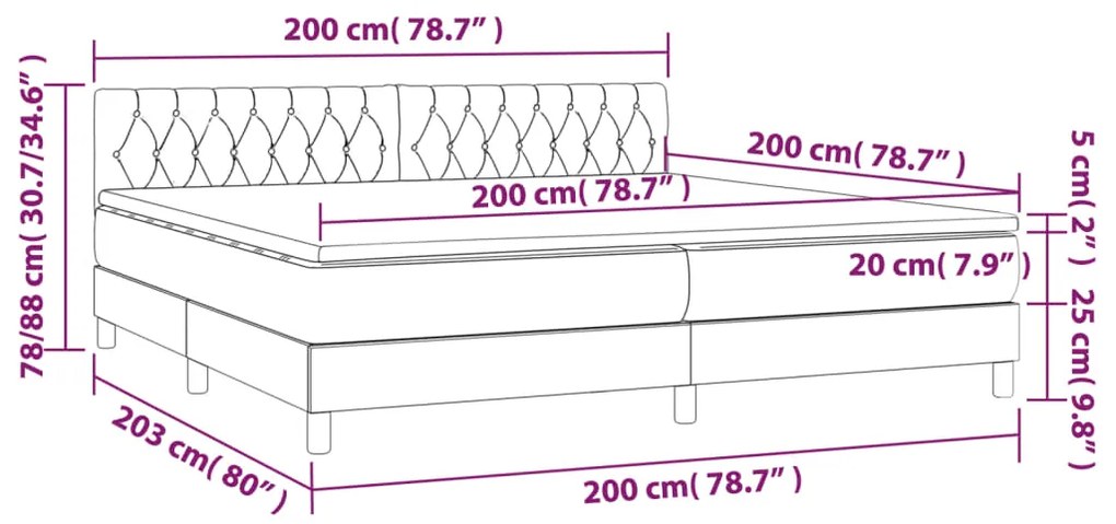 Cama box spring c/ colchão e LED 200x200 cm tecido cinza-claro