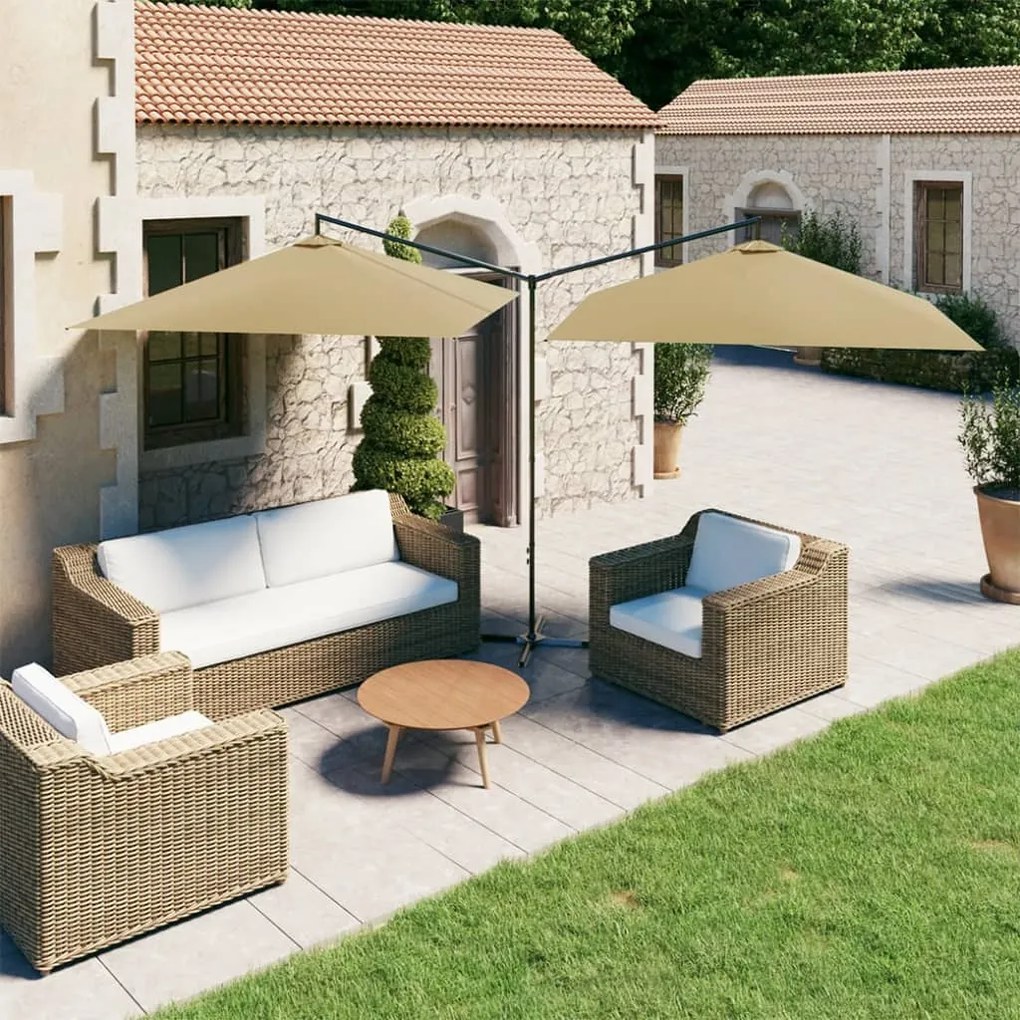 Guarda-sol jardim duplo poste aço 600x300 cm cinza-acastanhado