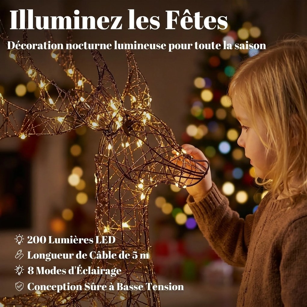 Conjunto de 3 Renas Luminosas de Natal para Exterior, 75 x 25 x 120 cm, 200 LED Branco Quente, Castanho