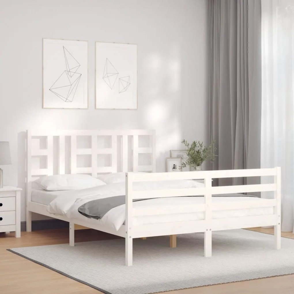 vidaXL Estrutura de cama de casal com cabeceira madeira maciça branco