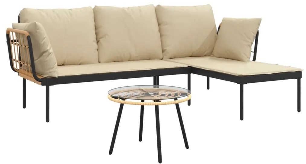 3 pcs conjunto lounge de jardim c/ almofadões beges vime PE