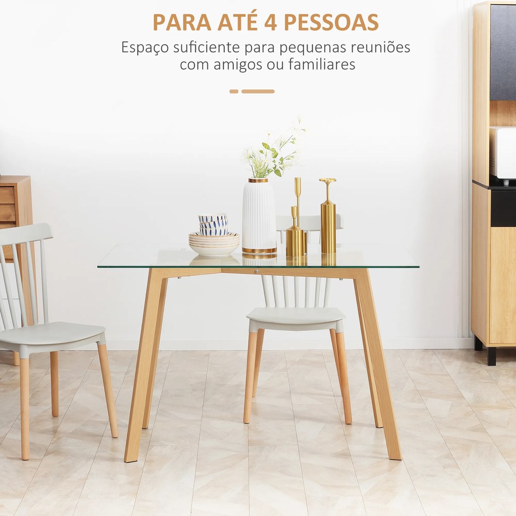 HOMCOM Mesa de Jantar para 4 Pessoas Mesa de Cozinha Moderna com Bancada de Vidro Temperado e Pés de Aço com Efeito de Madeira para Sala de Jantar 120x60x76cm Transparente e Madeira