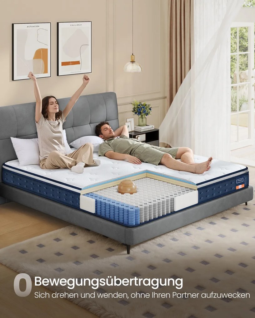 Colchão de molas ensacadas 200 x 140 x 20 cm com espuma viscoelástica de gel e conforto Azul