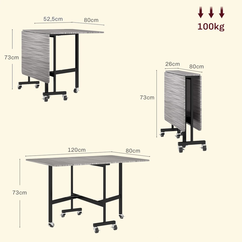 Mesa de Jantar Dobrável com Rodas para 4-6 Pessoas 120 cm (CADEIRAS NÃO INCLUIDAS) 2 Abas Estilo Industrial Cinza