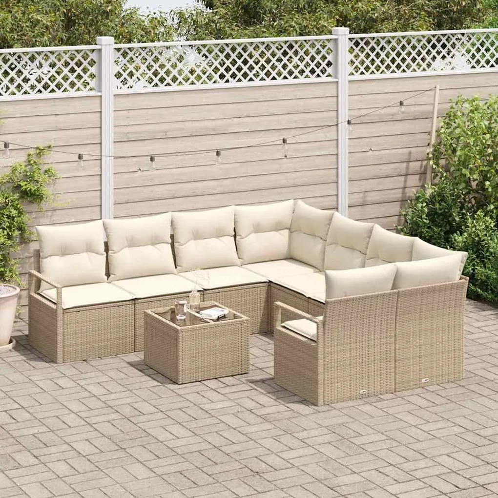 Conjunto de Sofá de Jardim com 9 Peças e Almofadas Bege Polyrattan
