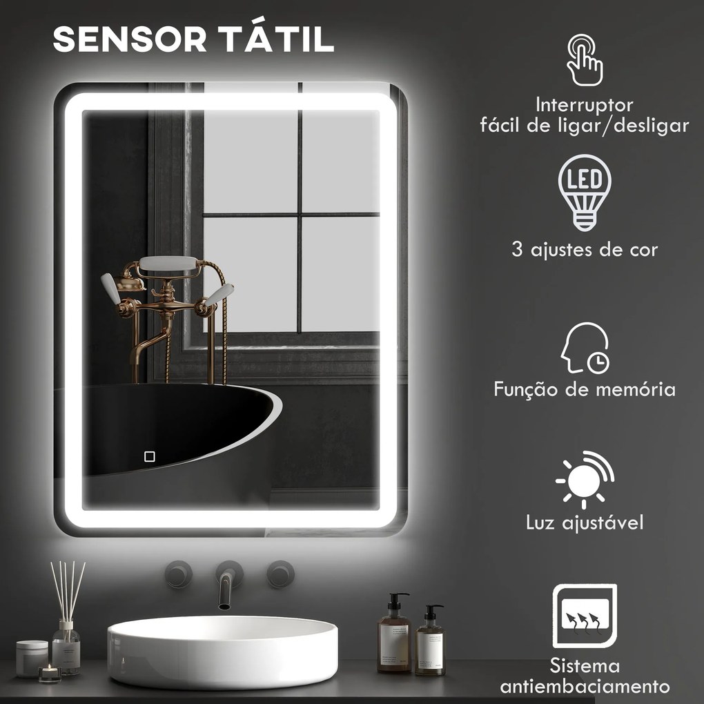Espelho Casa de Banho com Luzes LED 70x90 cm Função Antiembaciamento 3 Temperaturas de Cor Ajustável e Função de Memória Prata